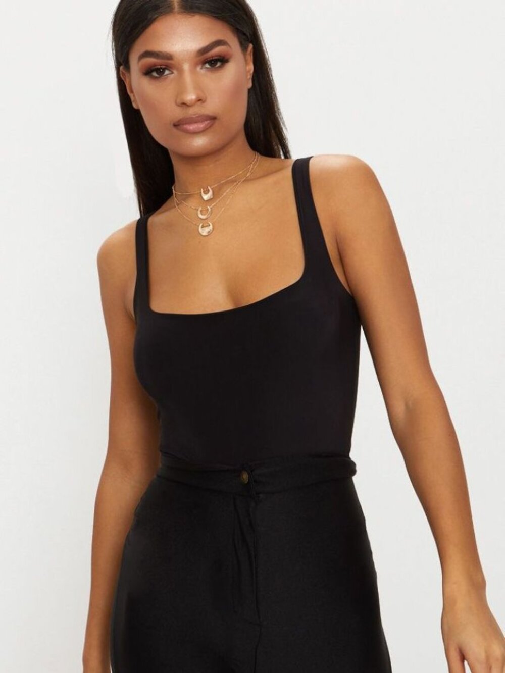 PrettyLittleThing Black Second Skin Square Neck Slinky Sleeveless Thong Bodysuit